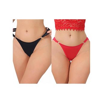 2 Packs Women's Low Rise Lace Thong Soft Silky Underwear with Side Rings