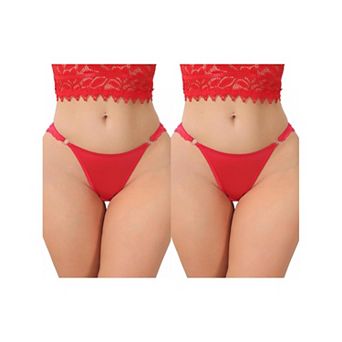 2 Packs Women's Low Rise Lace Thong Soft Silky Underwear with Side Rings