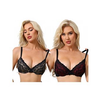 2 Packs Women's Floral Lace Push Up Underwire Adjustable Straps Bras Full Coverage Padded Lingerie