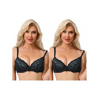 2 Packs Women's Floral Lace Push Up Underwire Adjustable Straps Bras Full Coverage Padded Lingerie