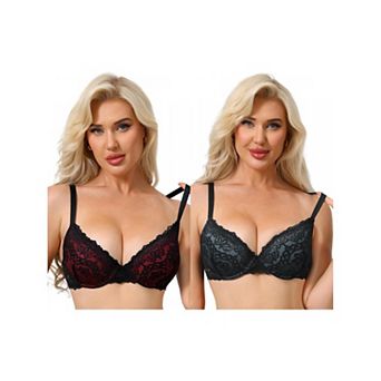 2 Packs Women's Floral Lace Push Up Underwire Adjustable Straps Bras Full Coverage Padded Lingerie