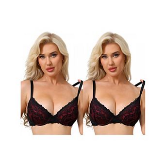 2 Packs Women's Floral Lace Push Up Underwire Adjustable Straps Bras Full Coverage Padded Lingerie