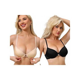 2 Packs Women's Lace Trim Push Up Bra Plunge Underwire Bralette Cleavage Bras Adjustable Straps
