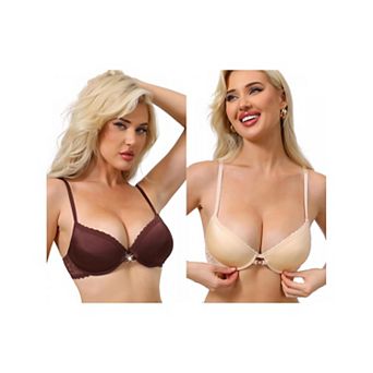 2 Packs Women's Lace Trim Push Up Bra Plunge Underwire Bralette Cleavage Bras Adjustable Straps