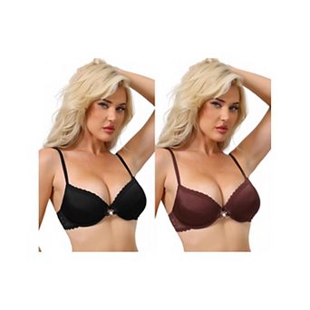 2 Packs Women's Lace Trim Push Up Bra Plunge Underwire Bralette Cleavage Bras Adjustable Straps