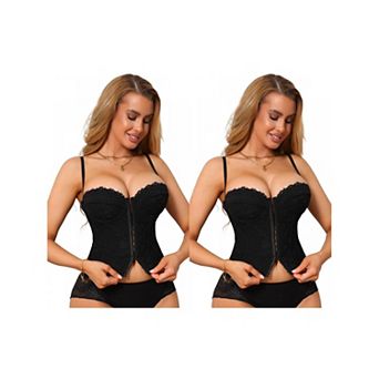 2 Packs Corset Tops for Women Lace Bustier Underwire Top Front Hook Backless Slim Fit Boned Bralette