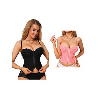 2 Packs Corset Tops for Women Lace Bustier Underwire Top Front Hook Backless Slim Fit Boned Bralette
