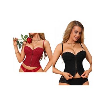 2 Packs Corset Tops for Women Lace Bustier Underwire Top Front Hook Backless Slim Fit Boned Bralette