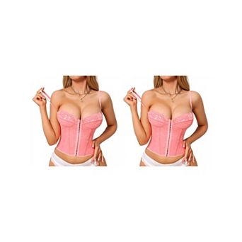 2 Packs Corset Tops for Women Lace Bustier Underwire Top Front Hook Backless Slim Fit Boned Bralette
