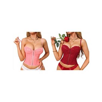 2 Packs Corset Tops for Women Lace Bustier Underwire Top Front Hook Backless Slim Fit Boned Bralette