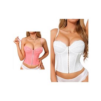 2 Packs Corset Tops for Women Lace Bustier Underwire Top Front Hook Backless Slim Fit Boned Bralette