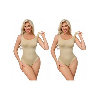 2 Packs Women's Lace Trim Bodysuits Square Neck Tummy Control Tank Tops Leotard Thong Bodyshaper