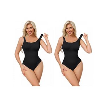 2 Packs Women's Lace Trim Bodysuits Square Neck Tummy Control Tank Tops Leotard Thong Bodyshaper