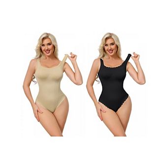 2 Packs Women's Lace Trim Bodysuits Square Neck Tummy Control Tank Tops Leotard Thong Bodyshaper