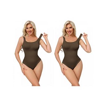 2 Packs Women's Lace Trim Bodysuits Square Neck Tummy Control Tank Tops Leotard Thong Bodyshaper