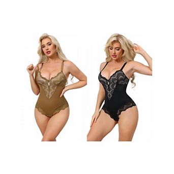 2 Packs Women's Lace Shapewear Bodysuit VNeck Push Up Camisole Shapewear Tummy Control Thong Leotard