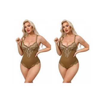 2 Packs Women's Lace Shapewear Bodysuit VNeck Push Up Camisole Shapewear Tummy Control Thong Leotard