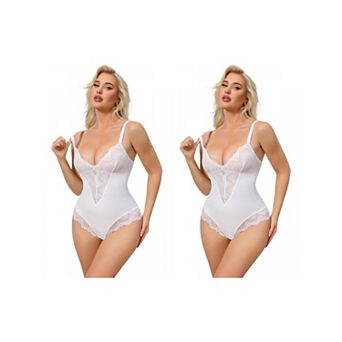 2 Packs Women's Lace Shapewear Bodysuit VNeck Push Up Camisole Shapewear Tummy Control Thong Leotard