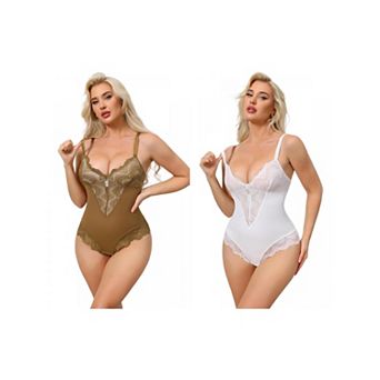 2 Packs Women's Lace Shapewear Bodysuit VNeck Push Up Camisole Shapewear Tummy Control Thong Leotard