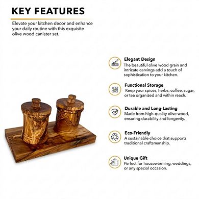Handcrafted Wooden Canister Set, 3.7 Inch Kitchen Storage Jars & Base