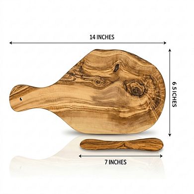 Olive Wood Bread Board Set, 14-Inch Cutting Board & Butter Knife for Serving