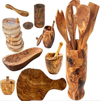 Mediterranean Wooden Kitchenware Set, Handcrafted Cooking Accessories