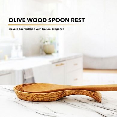 Olive Wood Spoon Rest, 8.2 Inch Wooden Spatula Holder for Kitchen Counter
