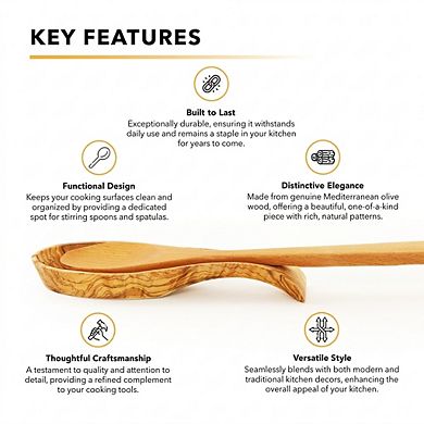 Olive Wood Spoon Rest, 8.2 Inch Wooden Spatula Holder for Kitchen Counter