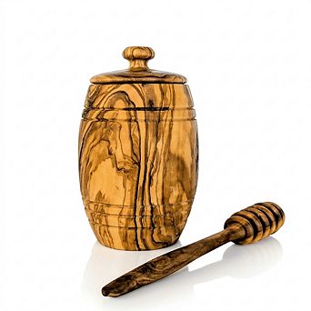 Olive Wood Honey Pot with Dipper, 6oz Airtight Wooden Jar for Kitchen Counter