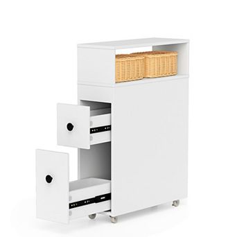 Costway Movable Bathroom Storage Cabinet Narrow Toilet Side Paper Holder w/ 2 Drawers