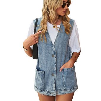 Women's Denim Jacket Sleeveless Button Down Casual Jean Jacket with Pockets