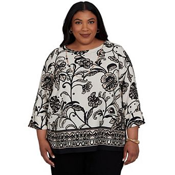 Plus Size Alfred Dunner Travel Advisory Scroll Border Top with Necklace