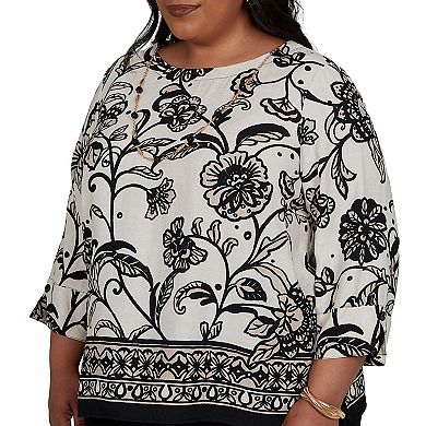 Plus Size Alfred Dunner Travel Advisory Scroll Border Top with Necklace