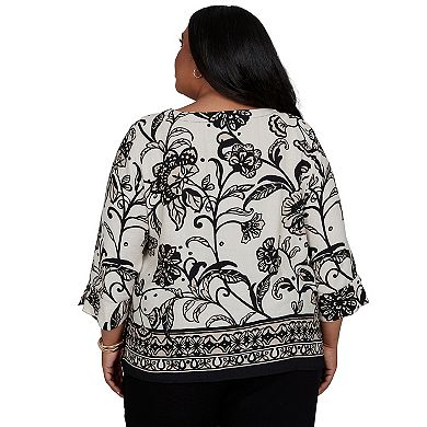 Plus Size Alfred Dunner Travel Advisory Scroll Border Top with Necklace
