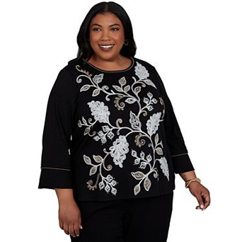 Plus Size Alfred Dunner Travel Advisory Scroll Leaf Embroidered Top