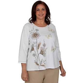 Plus Size Alfred Dunner Floral Butterfly Line Embroidered 3/4 Sleeve Top