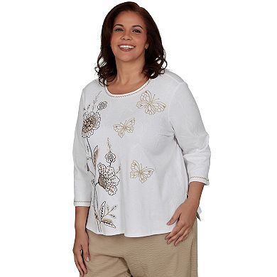 Plus Size Alfred Dunner Floral Butterfly Line Embroidered 3/4 Sleeve Top