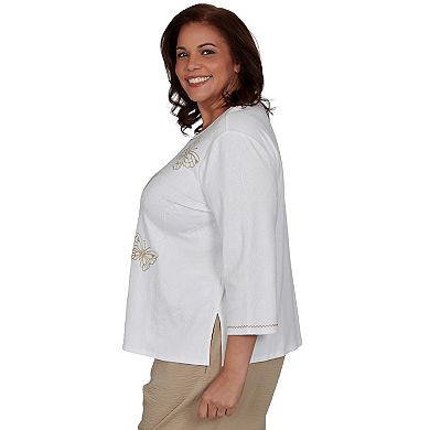 Plus Size Alfred Dunner Floral Butterfly Line Embroidered 3/4 Sleeve Top