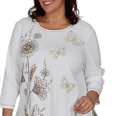 Plus Size Alfred Dunner Floral Butterfly Line Embroidered 3/4 Sleeve Top