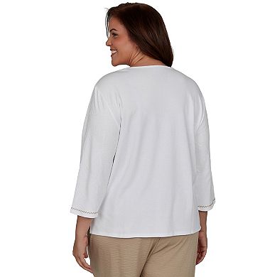 Plus Size Alfred Dunner Floral Butterfly Line Embroidered 3/4 Sleeve Top