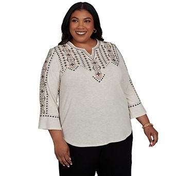 Plus Size Alfred Dunner Geo Embroidered Printed Back Top