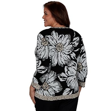 Plus Size Alfred Dunner Dramatic Ink Floral Sweater