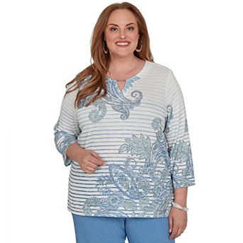 Plus Size Alfred Dunner Provence Paisley Stripe Split Neck Top