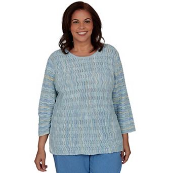 Plus Size Alfred Dunner Provence Scalloped Stripes Textured Sweater