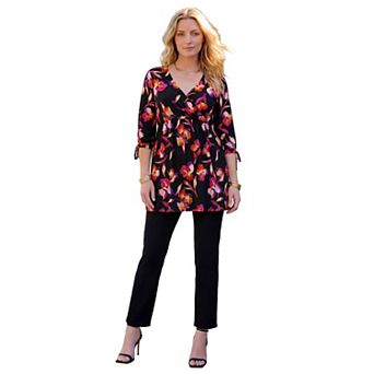 Roaman's Women's Plus Size Surplice Three Quarter Sleeve A-Line Tunic