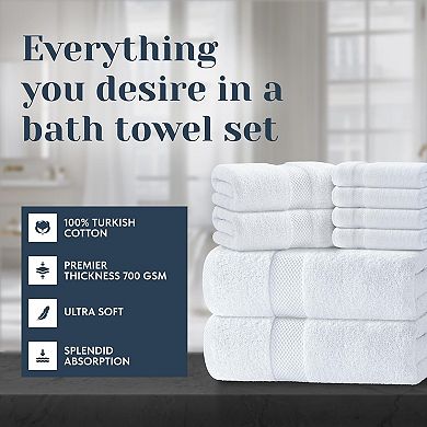 Luxury White Bath Towel Set 8 Pieces 700 GSM 100% Cotton 2 Bath 2 Hand 4 Washcloths Highly Absorbent