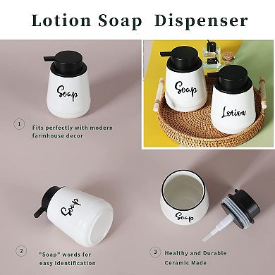 Farmhouse Ceramic Soap Lotion Dispenser Set 14oz White Bathroom Pump Bottles