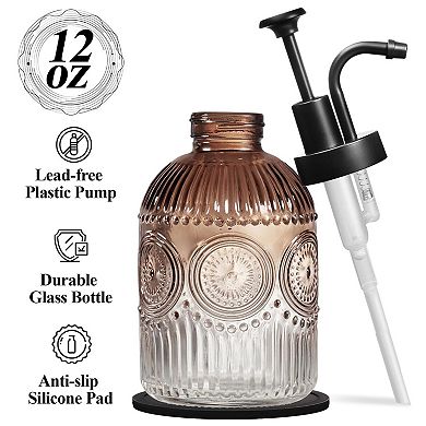12oz Vintage Glass Soap Dispenser with Pump Refillable Liquid Hand Bottle Lotion Antique Rustic