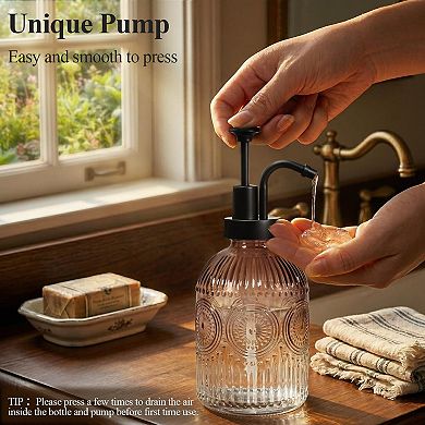 12oz Vintage Glass Soap Dispenser with Pump Refillable Liquid Hand Bottle Lotion Antique Rustic