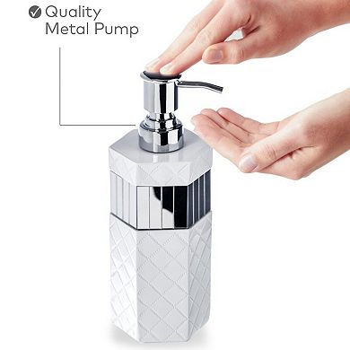 Quilted Mirror White Hand Soap Dispenser with Metal Pump for Bathroom Countertop